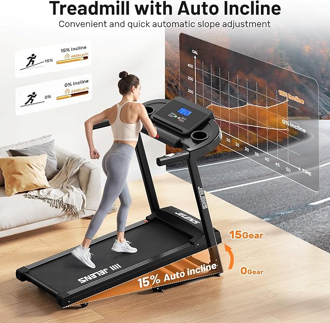Treadmill for Home with 0-15% Auto Incline, Foldable Walking Pad Treadmill with 330LBS Weight Capacity and Pulse Sensors, 3.0HP Quiet Walking Pad with App and LCD Display