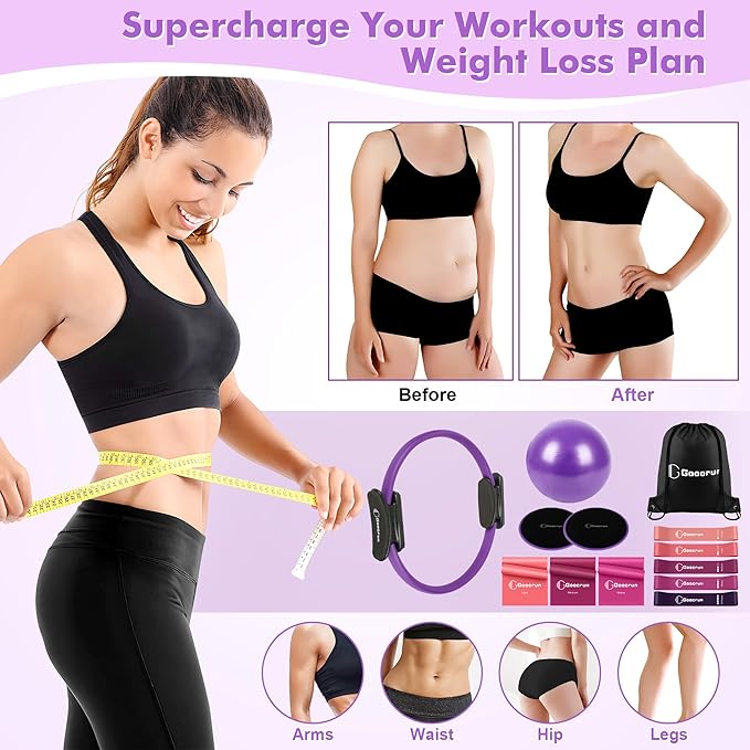 Pilates Ring Set Exercise Equipment, with Exercise Resistance Bands Set, Pilates Ball, Sliding Disks. Portable Home Gym - with Fitness Guide Poster