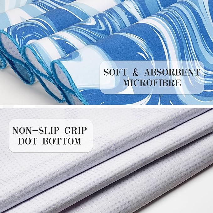 Yoga Mat Towel Cover with Large Corner Pockets, Non Slip Grip Microfiber Mat Cover Mat for Hot Yoga, Pilates and Gym Workout, 74" L x 26" W, Blue