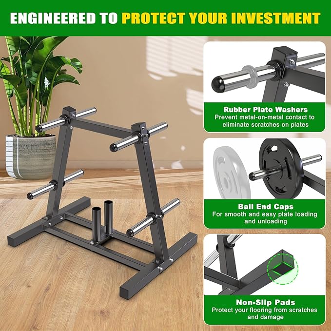 SELEWARE Olympic Weight Plate Tree Rack with 8 Weight Pegs & 2 Barbell Holders, Heavy-Duty Steel Gym Storage Organizer with Locking Wheels for 2 Inch Olympic Plates & Bars