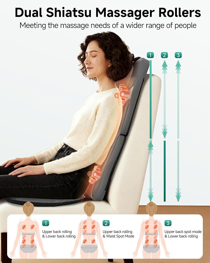 Snailax Gifts for Men Women Chair Back Massager for Full Back Pain Relief Deep Tissue, Vibration Heated Seat Cushion Long Track Dual 3D Shiatsu Rollers, 3 Height Settings Foldable Massage Chair Pad
