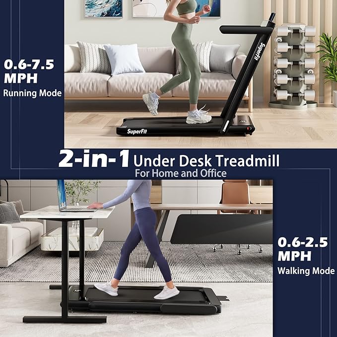 Goplus 2 in 1 Folding Treadmill, 2.25HP Superfit Under Desk Electric Treadmill, Installation-Free with Remote Control, APP Control and LED Display, Walking Jogging for Home Office