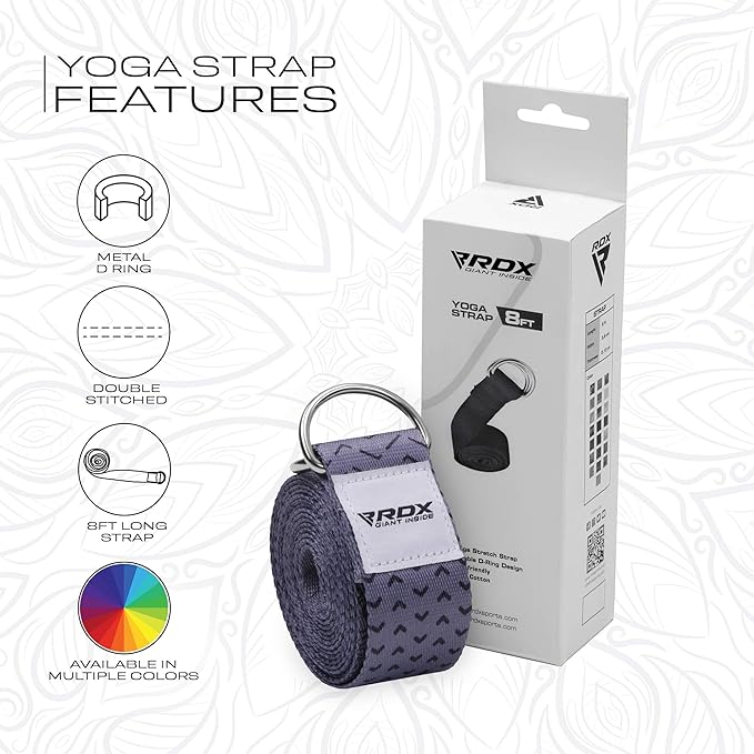 RDX 8ft Yoga Strap with D-Ring Buckle, Durable Polyester Cotton Adjustable Belts for Stretching Pilates Dance Gymnastics Fitness Holding Poses Flexibility Physical Therapy, Home Gym Exercise Workout