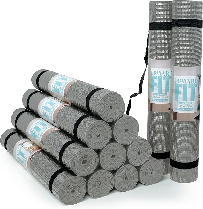 12-Pack Classic Yoga Mat With Carrying Strap, 68" x 24" Non Slip Exercise Mat, 4mm Thick Gym Mat, Bulk Non Toxic Yoga Mats for Home Workout, Schools, Classroom, and Studios