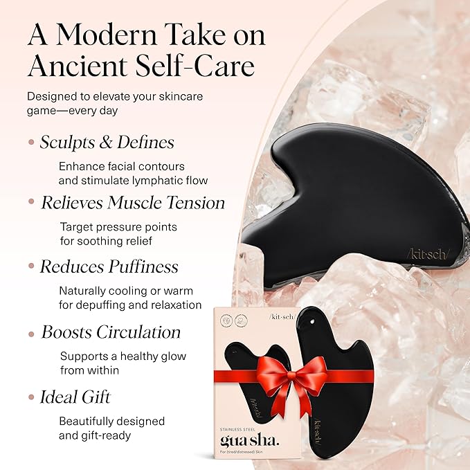 Kitsch Stainless Steel Gua Sha Facial Tools - Guasha Tool for Face, Face Sculpting Tool, Jawline Shaper, Double Chin Reducer Gua Sha Tools, Lymphatic Drainage Massager, Facial Skin Care, Matte Black