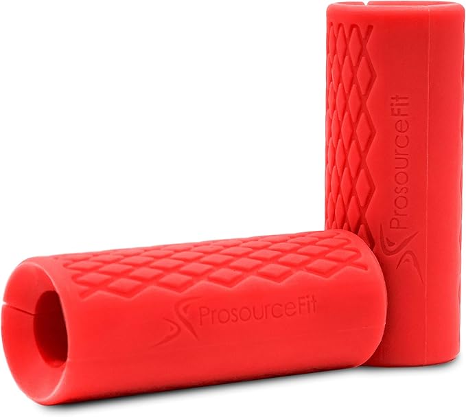 ProsourceFit Thick Grips for Dumbbell and Barbell, 1.9-in Axle Bar Adapter for Weightlifting and Strength Training (Red)