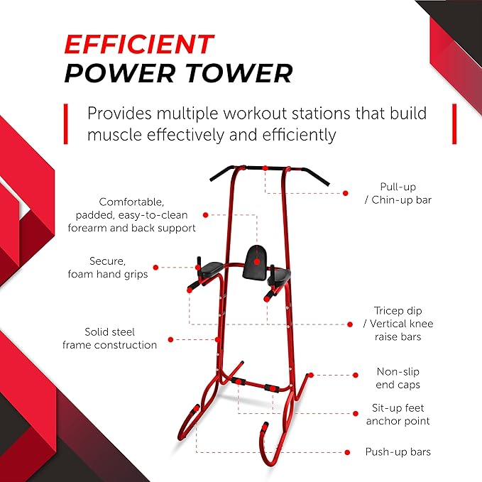 Stamina Power Tower - Dip Bar Pull Up Bar Station with Smart Workout App - Dip Bars for Home Workout - Up to 250 lbs Weight Capacity
