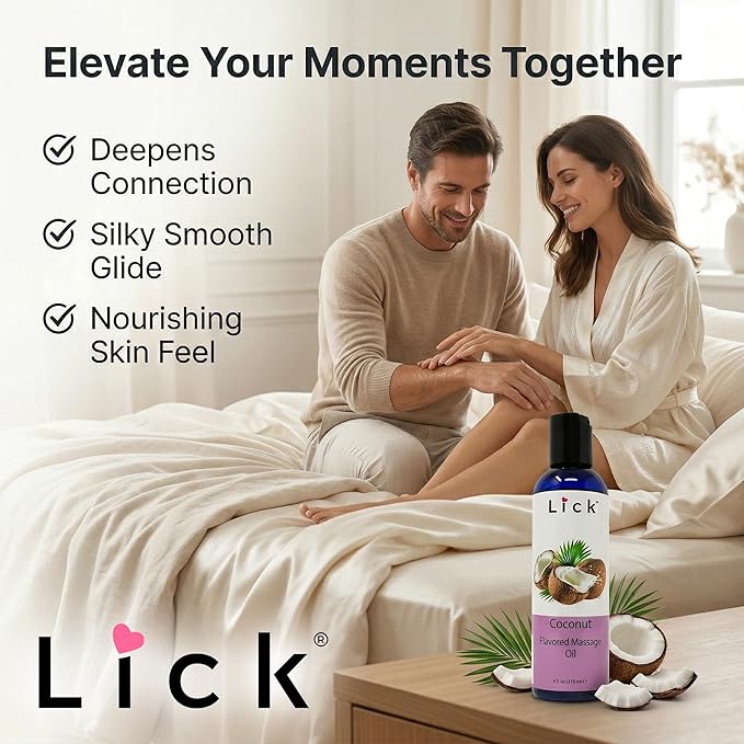 Lick Coconut Flavored Massage Oil – Tropical Edible Massage Oil with Sweet Almond Oil & Vitamin E, Hydrating Body-Safe Formula for Relaxing Couples Massage, 4 oz