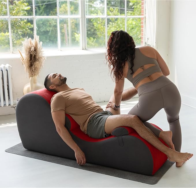Avana Chakra Yoga Chaise - 2 Adjustable Headrests & Handles with Adjustable Straps, Micro-Velvet/Microloop, Red & Grey