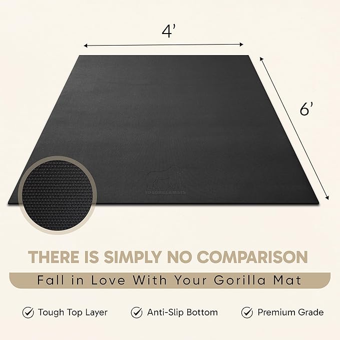 Gorilla Mats Large Exercise Mat – 6'x4', 7'x4', 7'x5', 8'x4', 10'x4' (1/4" Thick) – Ultra Durable Workout Mat for Home Gym Flooring – Non-Slip, Flat Fitness, Yoga & Weight Lifting Floor Mat