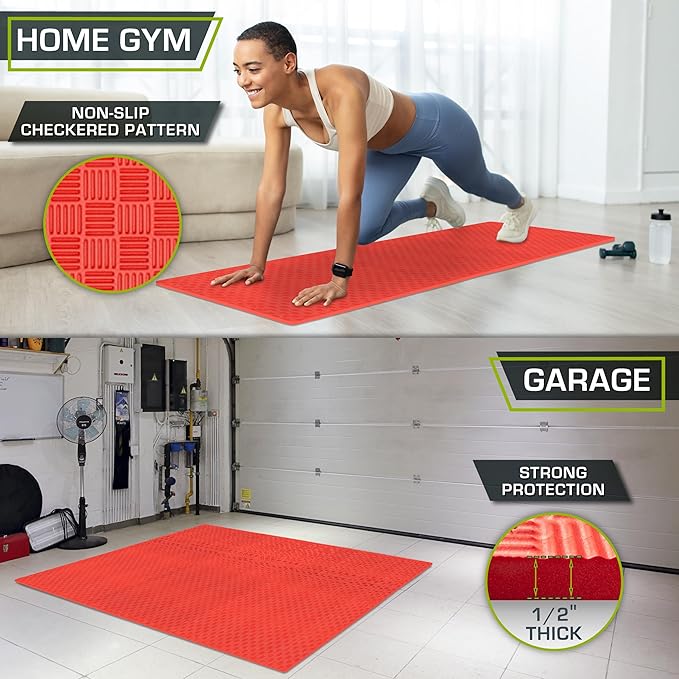 ProsourceFit Exercise Puzzle Mat ½-in, Checkered EVA Foam Floor Tiles w/Non-Slip Texture, Gym Mat w/Interlocking Foam Tiles for Adjustable Surface, Shock Absorbing, Waterproof Gym Flooring, Red