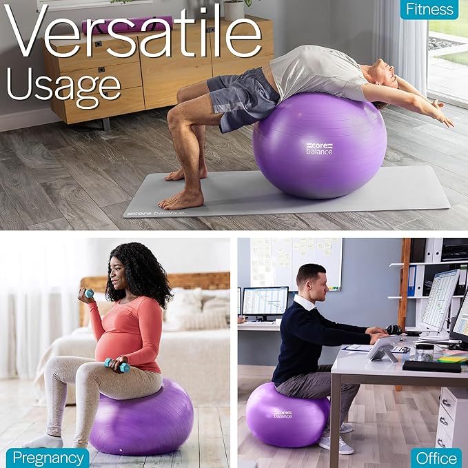 Core Balance Exercise Ball, Stability Ball for Yoga, Pilates and Fitness, Gym Ball for Home Gym and Office Chair, Training, Physical Therapy, Anti Burst, Pump Included, 55cm 65cm 75cm 85cm