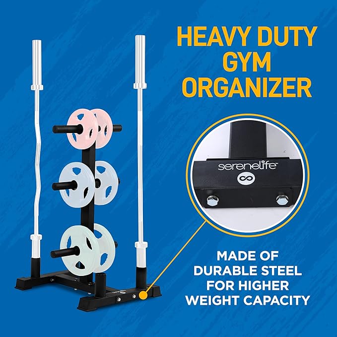 SereneLife 6-Pegs Olympic Weight Plate Rack & 4 Barbells - 800 Pounds Capacity, Heavy Duty Gym Organizer, Scratch Resistant Frame, Powder-Coat Finish, Easy to Assemble, Compact & Space-Saving