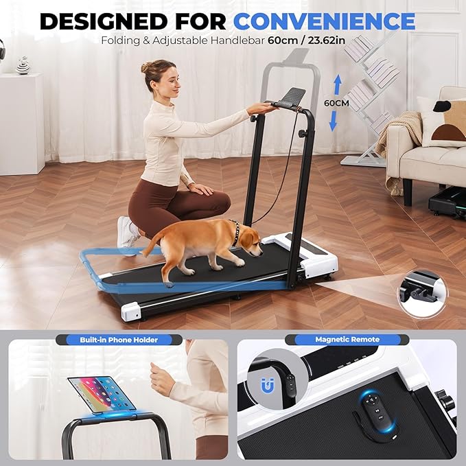 GORISE Walking Pad Treadmill with Adjustable Height Handle Bar and Incline, 3HP Quiet Foldable Under Desk Treadmill, Portable Treadmills for Home 350LBS with Remote Control LED Display
