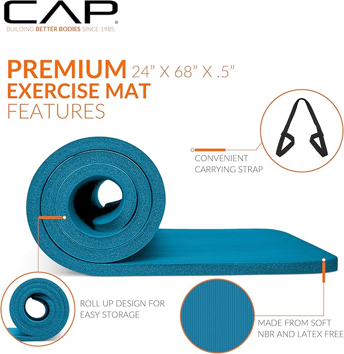 CAP Barbell 1/2-Inch High Density Exercise Yoga Mat with Strap | Multiple Options