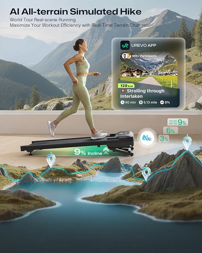 UREVO Auto Incline Walking Pad with AI App, Brushless Quiet Motorized Treadmill for Apartments, 9% Power Incline Standing Desk Treadmill, 12-Point Shock Absorption & Immersive Hiking