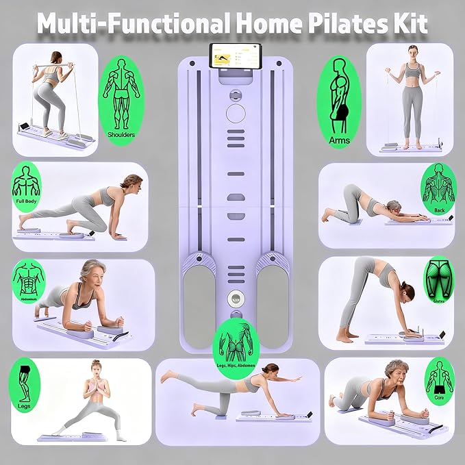 Portable Pilates Reformer Board, Foldable Home Pilates Board kit with Phone Holder and Timer, 8-in-1 Multi-Functional Reformer Pilates Machine