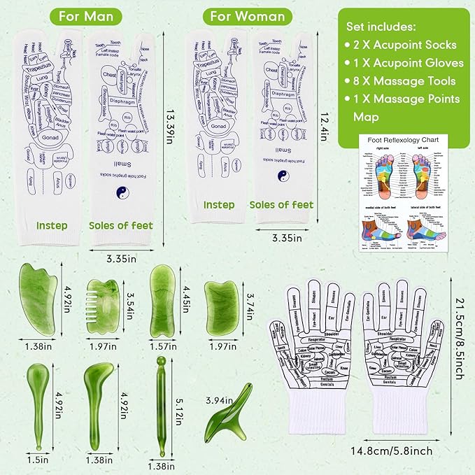 16 Pcs Reflexology Socks and Gloves with Tools Foot Reflexology Socks with Acupressure Gloves & 8 Pcs Massage Point Tools Foot Relief Acupressure Massager Set for Women and Men(Green)