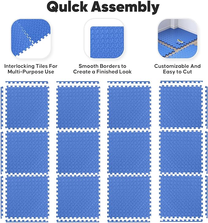 24 Pack Home Gym Mat, Puzzle Exercise Mat, EVA Interlocking Foam Floor Tiles for Home Workout Equipment and Kids' Play Areas - Blue, 24 in x 24 in x ½ in - 24 Tiles (Blue, 24 Pack 96 sq ft)