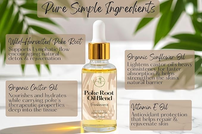 Poke Root Oil with Castor Oil & Frankincense - Organic Lymphatic Support for Cysts, Boils, Fibroids, Swollen Lymph Nodes, Breast & Joint - Handmade in The USA