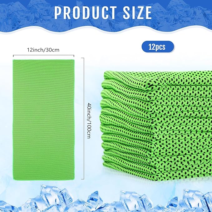 Hosuly 12 Pieces Cooling Towels for Hot Weather Soft Breathable Cold Towel Yoga Towels for Sweat, Sports, Workout, Fitness, Gym, Running, Travel Camping, 12 x 40 Inch (Green)