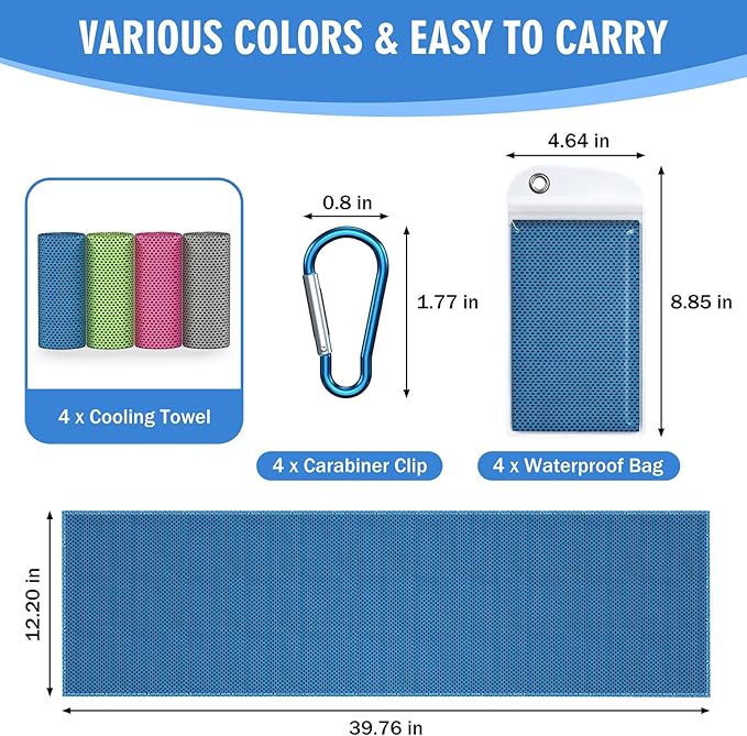 4 Pack Cooling Towels (40"x12"), Soft Breathable Cooling Towels for Neck and Face, Microfiber Workout Towels for Yoga, Golf, Running, Hiking & More Activities