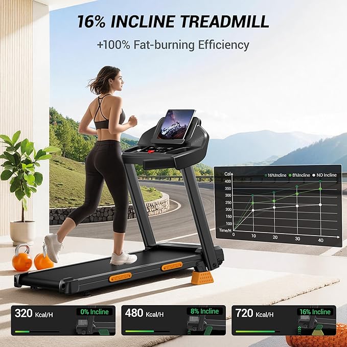 Treadmills for Home with 16% Incline & Led Screen, 7-Layer Shock-Absorbing Foldable Treadmill with Handle Bar for Convenient Storage, 3.0HP Walking Pad Treadmill Up to 400lbs 0.6-7.0MPH