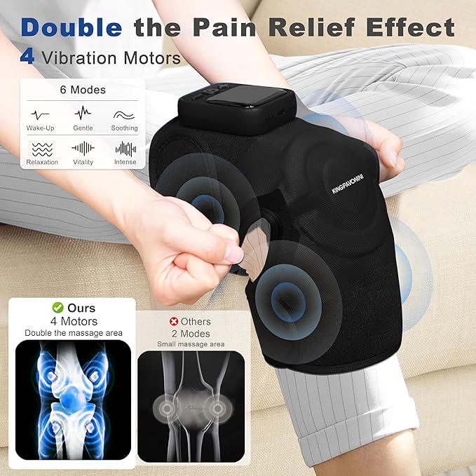KingPavonini Cordless Knee Massager for Pain Relief, Newly 4 Motors Vibration, 5 Heat Levels, 6 Massage Modes, Knee Heating Pad for Knee Pain, Heated Knee Massager Brace, for Mom Dad (Black 1.0)