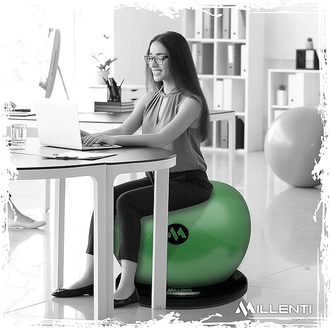Millenti Exercise Ball Chair 65cm - Yoga Ball Chair Stability Base Ring Kit & Fitness Resistance Bands For Home, Gym Bundle, Pilates Ball, Office Chair, Birthing Ball For Pregnancy - With Workout Chart