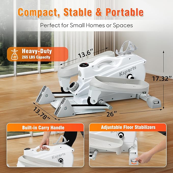 Ksports Mini Elliptical with Optional Handles & Seat, 3 Levels Manual Incline, Quiet Infinite Adjustable Magnetic Resistance, and LED Display – Joint-Friendly and Versatile Design