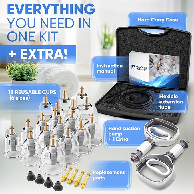 Myofascial Releaser Professional Cupping Therapy Set - 18 Multi-Sized Vacuum Cups with Two Hand Pumps and Detailed Cupping Book - Massage Cupping Set for Massage Therapists