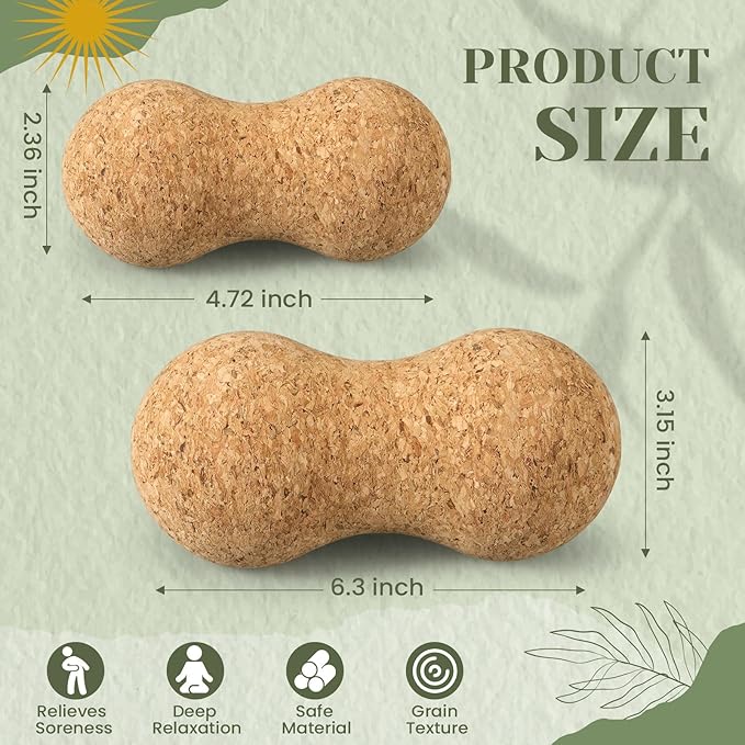 Novabright 2 Pcs Cork Peanut Massage Ball Double Lacrosse Ball Peanut Roller for Myofascial Release, Muscle Relaxation Acupoint Massager for Back, Shoulder, Feet Pain Relief(4.7 and 6.3 Inches)