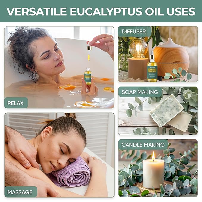 Eucalyptus Essential Oil for Diffuser 4oz - 100% Natural - Therapeutic Grade Organic Eucalyptus Oil for Skin, Humidifier, Hair, Sauna & Aromatherapy