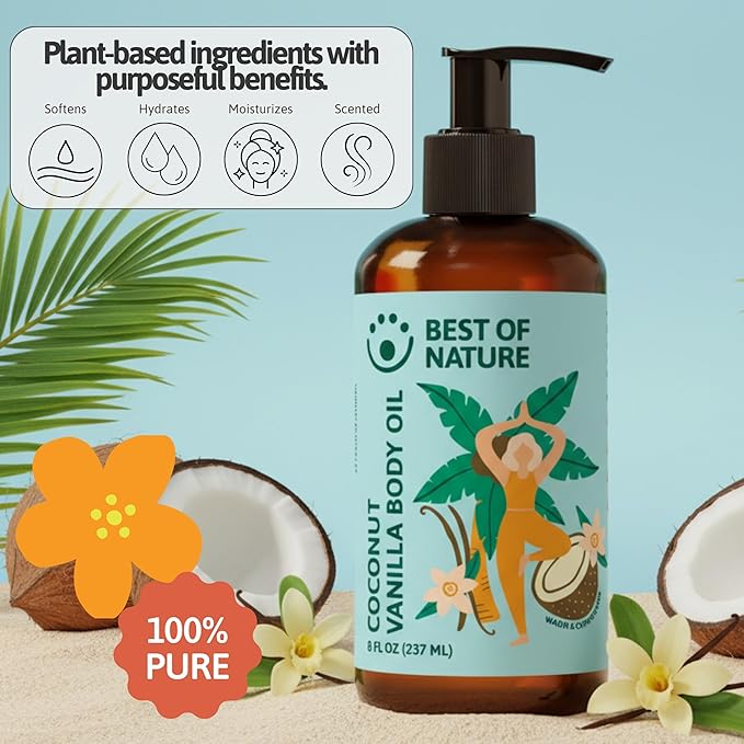 Best of Nature Coconut Vanilla Massage Oil – Lightweight Body Oil for Smooth, Silky Skin, Soft Coconut Vanilla Scent, Ideal for At-Home Massage & Daily Moisturizing, 8 fl oz