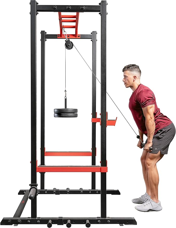 Sunny Health & Fitness Power Cage Squat Rack Upgrade Attachments, Dip Bar, Plate Bar Holder, Belt Squat, J Hook, Lat, Adapter, U Ring, Pull Up Bar, Landmine, Captain's Chair, Tricep Rope For Home Gym