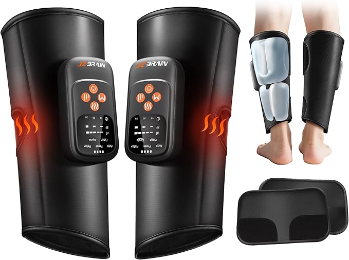 Air Compression Leg Massager with Heat : Sequential Calf Massager with 5 Modes, 5 Intensity & 3 Heat for Circulation and Pain Relief - Rechargeable Calf Compression Device for Fast Recovery
