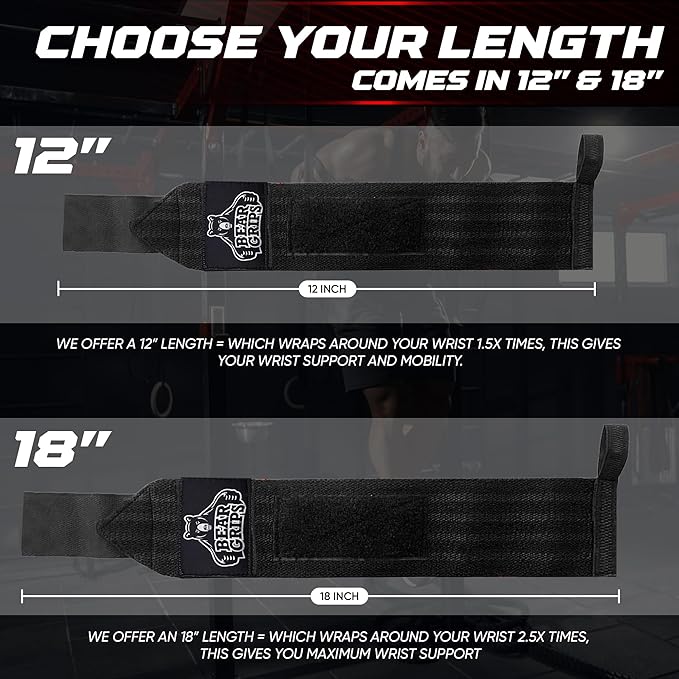 Bear Grips Wrist Wraps for Weightlifting | Weight Lifting Wrist Straps for Weightlifting | Extra Strength Gym Wrist Wraps | Two Wrist Wrap Per Pack | 12” & 18” | Lifting Wrist Wraps for Men & Women