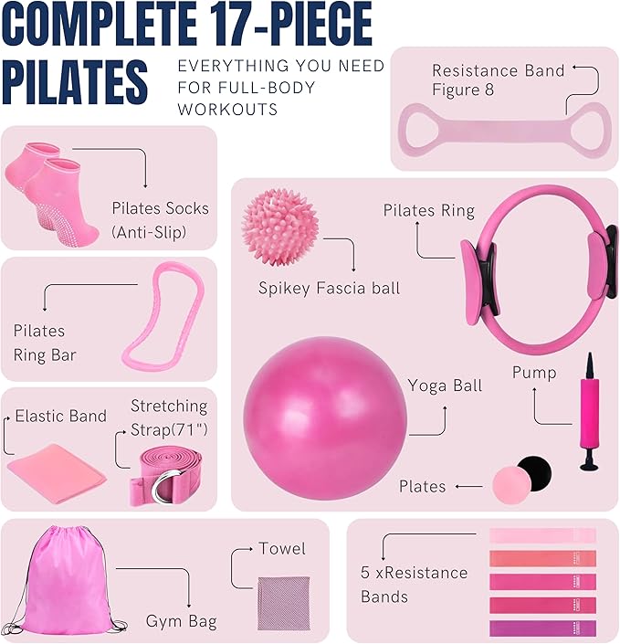 Pilates Kit for Women 17-in-1, Home Workout Set with 14" Pilates Ring and Ball, Resistance Bands, Stretch Strap, Yoga Ring & Accessories, Full Body Fitness Equipment