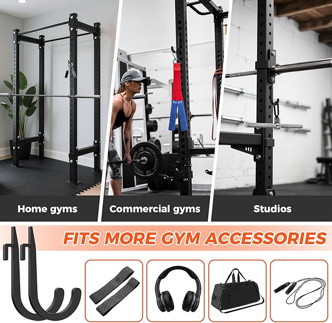 6 PCS J Hooks for Squat Rack,Power Rack Attachments for Home Gym Storage,Portale Squat Rack Accessories, Storage Hook Holder for Resistance Bands, Barbell Collars and Gym Accessories