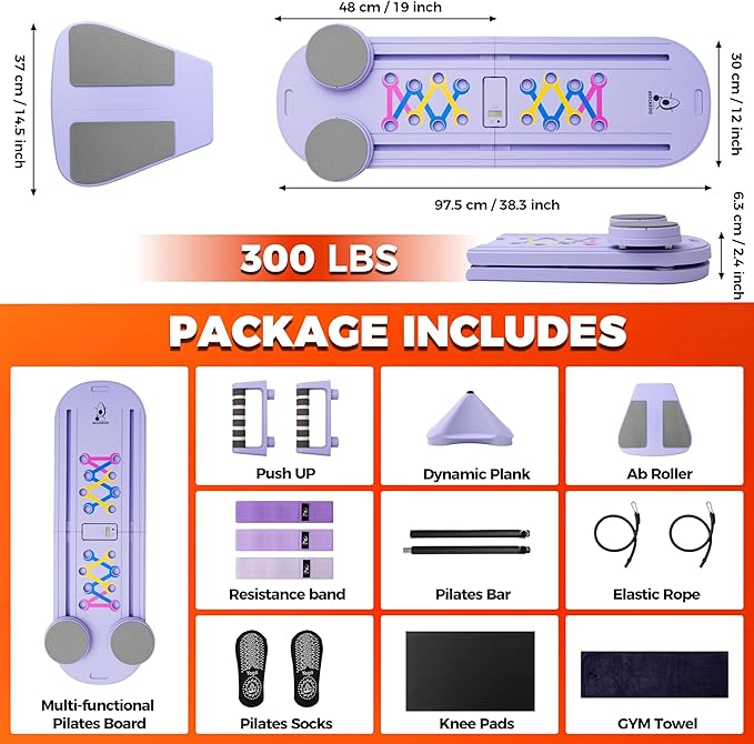 AVOCARDIO Foldable Pilates Reformer Board - Multifunctional 10-in-1 Set - Home Workout Equipment - Portable Home Gym Pilates Kit with Towel, Resistance Bands and Pilates Socks - Push Up and Abs Board