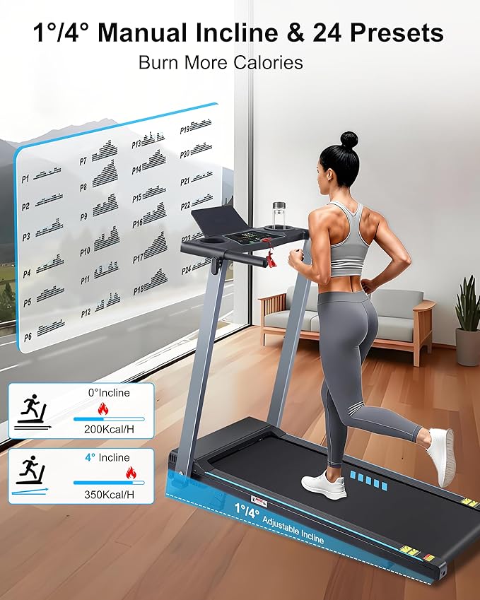 Incline Treadmill with Handles, Portable Small Folding Treadmill for Home Office, Walking Pad with 300 LBS Capacity, 24 Preset Programs, LED Display, Extendable Cup Holder