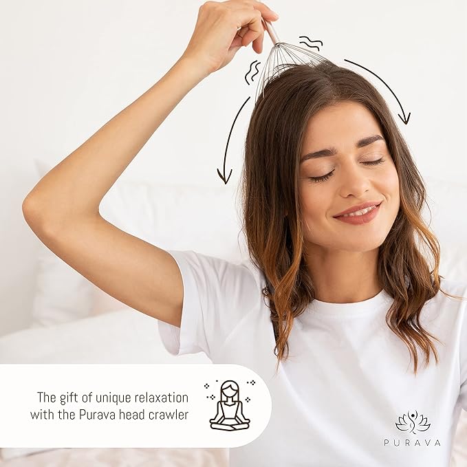 PURAVA (Original - Premium Head Massager with Metal Handle and Improved Design - Scalp Scratcher Massage with 20 Fingers for Relaxation and Scalp Stimulation - Head Massager Tool Ideal as a Gift