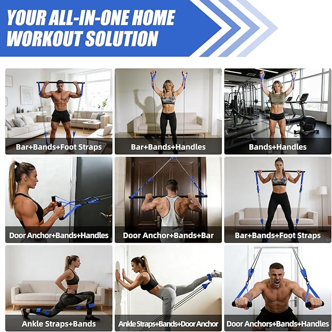 Pilates Bar Kit with Resistance Bands for Men, Heavy Duty Home Gym Equipment for Full Body Workout, Strength Training, Legs, Hips, Arms, Abs, Chest – Portable Pilates Stick