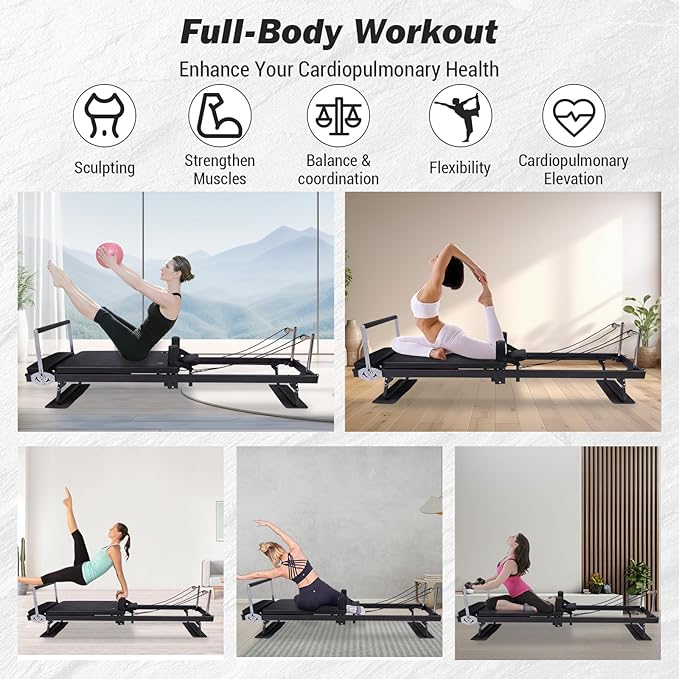 Foldable Pilates Reformer with Jump Board & 2 Resistance Bands | Home Gym Equipment for Women | 300Lb Capacity Pilates Machine |
