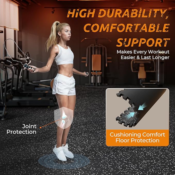 PRAISUN 0.6" Thicker Rubber Top Gym Flooring for Home Gym, 24 Pcs 96 Sq Ft Workout Mats, Exercise Mat, Interlocking Rubber Floor Mats with High Density EVA Foam for Garage, 24 x 24in, Black/Grey
