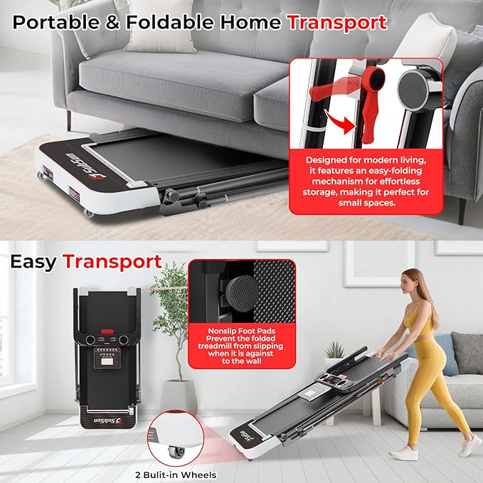 SubSun Foldable Treadmill for Home, Portable Walking Pad with Handle, Manuall/Auto/No Incline, 2.5HP Treadmill with 265 Lbs, Black/White