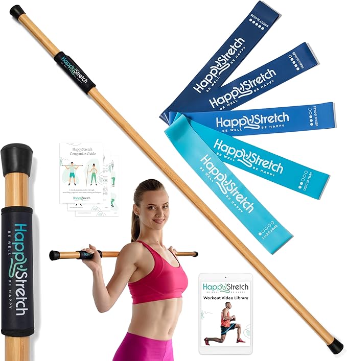Yoga Stick Stretching, Flexibility and Strength I Bamboo Mobility Stretching Stick 5ft | Resistance Loop Exercise Bands Set of 5 | Workout Guide I Video Library | HappyStretch