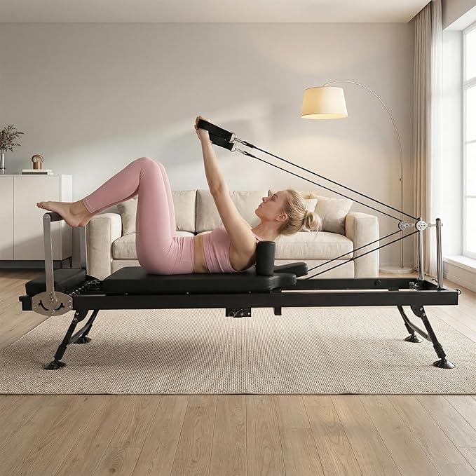 Generic Adjustable Fitness Equipment with Springs Resistance 78 in Folds Up Pilate Bed 300 LBS Capacity Smooth Glide Carriage Pilates Reformer for Home and Studio Use