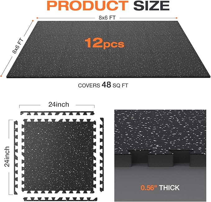 0.56'' Thick 12 Pcs 48 Sq Ft Non-Slip Rubber Top Exercise Equipment Mats, High Density EVA Foam Mats with Rubber Top, Interlocking Puzzle Gym Flooring for Home Gym, Workout Floor Mats, Black