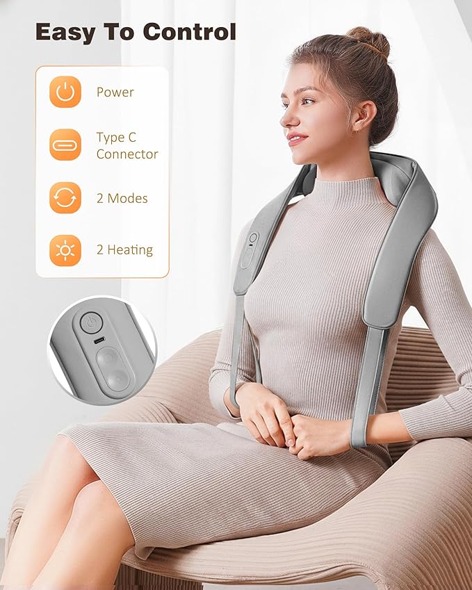 Neck and Shoulder Massager with Heat, Cordless Back and Neck Massager, Upgraded Graphene Heating, 4D Shiatsu Deep Kneading Massage for Shoulder, Back Pain Relief, Gifts for Dad Mom Friend (Gray)